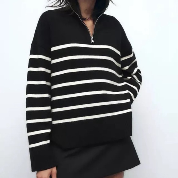 Zara blogger favorite striped collar knitted oversize sweater cardigan - Picture 2 of 6